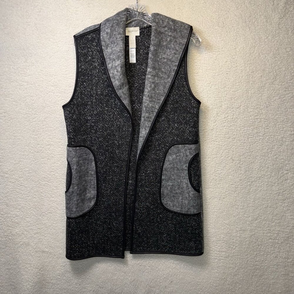 Chicos Zenergy Cardigan Sleeveless Women's Size 1 Medium Black Gray Open Front